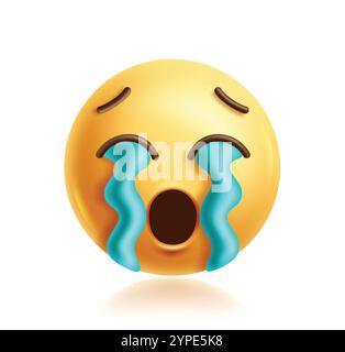 Personaggio 3d della clipart emoji SOB. Emoji faccia piangere, triste, urla, lacrime gocce, dolore, icona gialla di espressione del dolore, dell'infelicità e del dolore Illustrazione Vettoriale