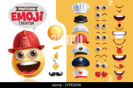 Set clipart kit creazione pompiere emoji. Personaggio emoji professionale con viso, occhi, bocca e cappello da professione sorridenti Illustrazione Vettoriale
