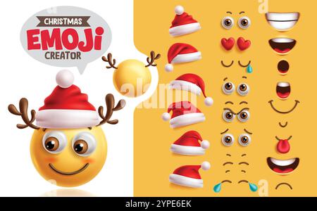 Kit di creazione di renne emoji set di clipart. Personaggio delle renne emoji natalizie con un sorriso di faccia, testa, occhi, bocca e cappello rosso Illustrazione Vettoriale