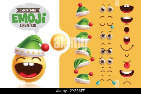 Kit di creazione di emoji babbo natale, set di clipart. Personaggio emoji natalizio con viso, occhi, bocca e cappello verde per il viso Illustrazione Vettoriale