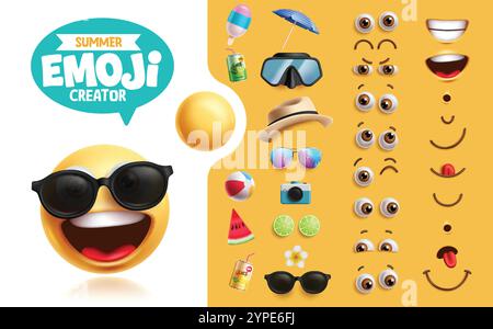 Set clipart kit per la creazione di emoji estive. Emoji estiva con faccia, testa, occhi, bocca, occhiali da sole ed elementi grafici da spiaggia Illustrazione Vettoriale