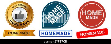 Prodotto fatto in casa realizzato in casa timbro originale realizzato a mano distintivi colorati etichetta emblema design del nastro Collezione di icone Illustrazione Vettoriale