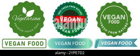 Cibo vegano biologico sana dieta vegetale nutrizione salute natura ingrediente piatto fresco timbro distintivi colorati etichetta adesivo striscione emblema nastro Illustrazione Vettoriale