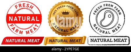 Carne naturale allevatore macellaio fattoria macelleria mucca fresca pollo di pecora sano biologico timbro naturale distintivo colorato adesivo striscione etichetta nastro Illustrazione Vettoriale