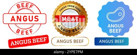 Carne di manzo Angus prodotto agricolo sano naturale proteine mucca fattoria macelleria francobollo fresco premium distintivi colorati logo etichetta banner emblema medaglia design icona Illustrazione Vettoriale