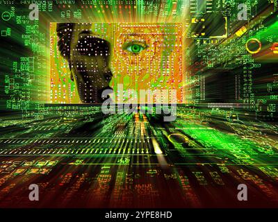 Illustrazione concettuale della sorveglianza dell'intelligenza artificiale (IA) con occhio robotico, display e circuiti informatici. Questo potrebbe rappresentare un futuro in cui le forme di intelligenza artificiale controllano e gestiscono il mondo. Foto Stock