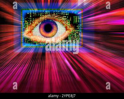 Illustrazione concettuale della sorveglianza dell'intelligenza artificiale (IA) con occhio, display e circuiti informatici. Questo potrebbe rappresentare un futuro in cui le forme di intelligenza artificiale controllano e gestiscono il mondo. Foto Stock