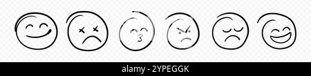 Emoji di volti diversi disegnati a mano su sfondo trasparente Illustrazione Vettoriale