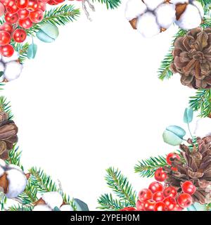 Cornice quadrata con ilex, coni, rami di conifere, eucalipto e bolls di fiore di cotone. Immagine ad acquerello disegnata a mano della cornice rotonda. Foto Stock