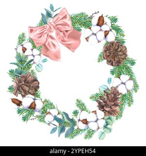 Ghirlanda con coni di pino, rami di conifere, eucalipto, bolli di cotone e fiocco a nastro rosa. Immagine ad acquerello disegnata a mano della cornice rotonda. Foto Stock