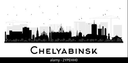 Chelyabinsk Russia silhouette dello skyline cittadino con edifici neri isolati sul bianco. Illustrazione vettoriale. Paesaggio urbano di Chelyabinsk con monumenti storici. Illustrazione Vettoriale