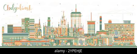 Chelyabinsk Russia City skyline con edifici di colore bianco. Illustrazione vettoriale. Paesaggio urbano di Chelyabinsk con monumenti storici. Illustrazione Vettoriale