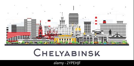 Chelyabinsk Russia City skyline con edifici colorati isolati sul bianco. Illustrazione vettoriale. Paesaggio urbano di Chelyabinsk con monumenti storici. Illustrazione Vettoriale