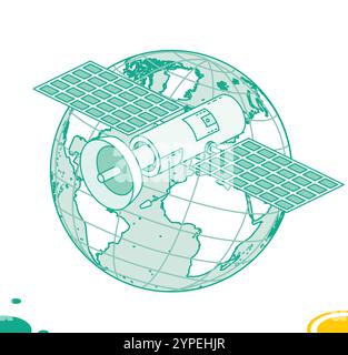 Il satellite di comunicazione isometrico con antenna vola in orbita intorno al mondo. Oggetti isolati sul bianco. Illustrazione vettoriale. Tecnologia wireless. Illustrazione Vettoriale