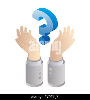 Le mani isometriche hanno un grande punto interrogativo. FAQ concetto isolato su bianco. Illustrazione vettoriale. Illustrazione Vettoriale