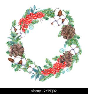 Corona di Natale con lecci, coni, rami di conifere, eucalipto e bolli di fiore di cotone. Immagine ad acquerello disegnata a mano della cornice rotonda Foto Stock