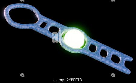 Gli Aptamer sono progettati per legarsi all'analita target. Un fluoroforo, una molecola che emette luce quando eccitato, è attaccato all'aptamer; rendering 3d. Foto Stock