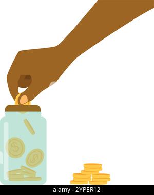 Illustrazione vettoriale del concetto di risparmio. Donna che mette la moneta in un vaso di vetro. Illustrazione Vettoriale