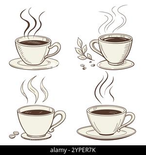 tazza da tè e caffè con vista laterale e fumo Illustrazione Vettoriale