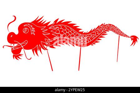 Tradizionale danza cinese del drago. Silhouette rossa piena. Illustrazione Vettoriale