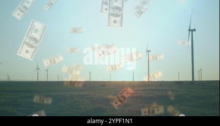 Immagine delle bollette in calo rispetto alle turbine eoliche sul campo Foto Stock