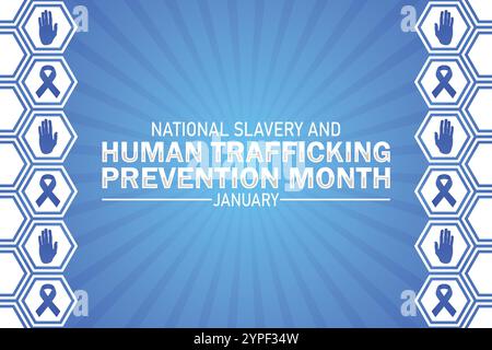 Mese della prevenzione della schiavitù e della tratta di esseri umani sfondo di gennaio con forme e tipografia, striscione, carta, poster, modello. Illustrazione Vettoriale