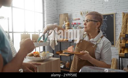 Donna che serve dolci a un cliente in un'accogliente panetteria, che presenta deliziosi prodotti da forno su un vassoio in un elegante negozio interno Foto Stock