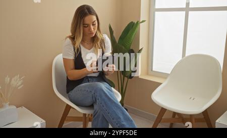 Giovane, attraente, bionda, donna caucasica seduta in una moderna sala d'attesa interna, con attenzione utilizzando un tablet. Foto Stock