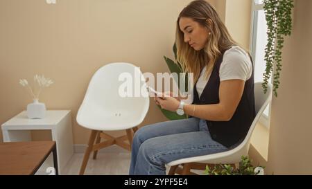 Una giovane e attraente donna caucasica con capelli biondi è seduta in una sala d'attesa interna, utilizzando intensamente il suo telefono in un ambiente tranquillo e moderno con pla Foto Stock