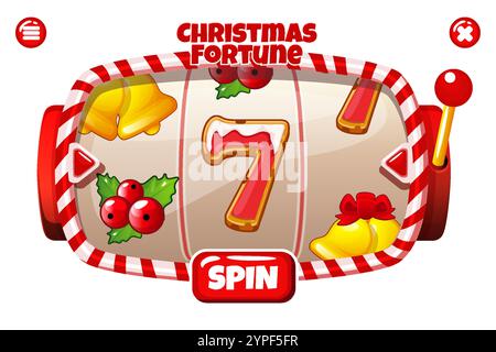 Fortuna natalizia, interfaccia SLOT machine con icone natalizie. Striscione con slot machine per caramelle e Gingerbread 7, simboli di slot per campane dorate e bacche Illustrazione Vettoriale