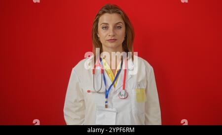 Attraente medico bionda con uno stetoscopio si erge con sicurezza su uno sfondo rosso vivace in un ambiente medico professionale. Foto Stock