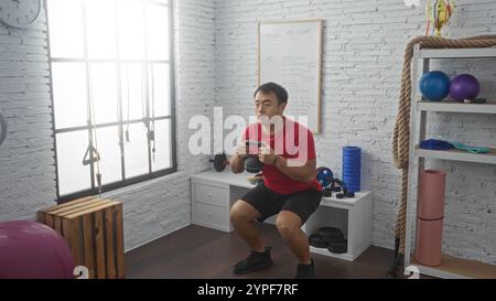 Attraente giovane cinese che si allena all'interno in una palestra, tiene un kettlebell e fa squat con attrezzature da palestra sullo sfondo. Foto Stock