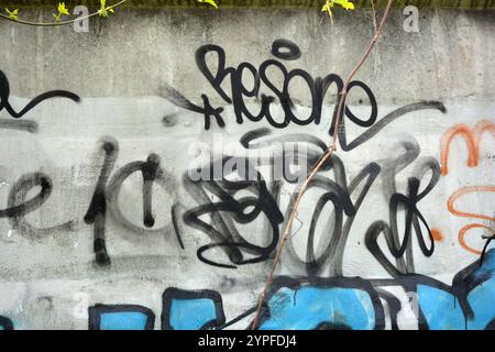 Graffiti, iscrizioni sul muro, disegni insoliti disegnati su una vecchia recinzione di cemento, muro. Trattini, firme, scarabocchi realizzati con vernice nera. Foto Stock