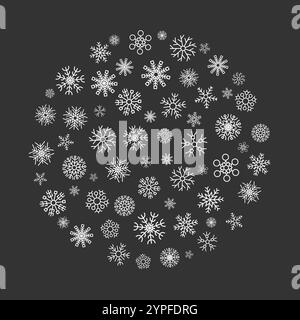 Striscione rotondo natalizio con fiocchi di neve bianchi su sfondo scuro. Illustrazione vettoriale Illustrazione Vettoriale
