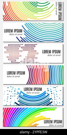 Set di sei banner di intestazione astratti colorati con linee curve e spazio per il testo. Sfondi vettoriali per il web design. Illustrazione Vettoriale