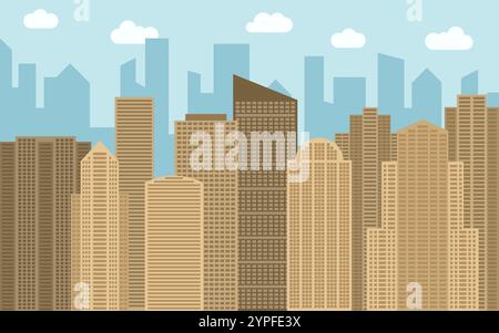 Illustrazione del paesaggio urbano vettoriale. Vista sulla strada con paesaggio urbano, grattacieli ed edifici moderni nelle giornate di sole. Spazio urbano in stile piatto Illustrazione Vettoriale