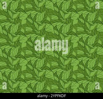motivo di chiusura senza cuciture con linee grafiche con foglie verdi. Illustrazione botanica vettoriale per pigiami, tessuti, abiti, biglietti d'auguri. Illustrazione Vettoriale