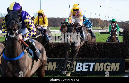 Newcastle, Regno Unito, sabato 30 novembre 2024; Glory and Honour e il fantino Jonathan England vincono la Living North handicap Chase per il formatore Sam England e i proprietari Ursa Ellerby & Partner. Crediti JTW equine Images / Alamy. Foto Stock