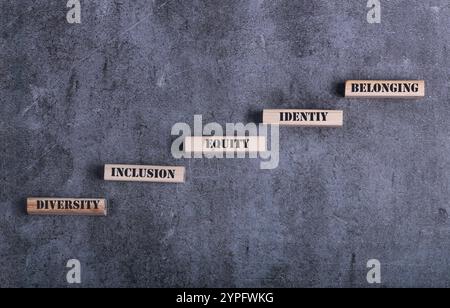 Simbolo DI IDENTITÀ, equità, diversità, inclusione e appartenenza. Blocchi di legno con parole equità, diversità, inclusione, appartenenti a bellissimi sfondi grigi Foto Stock