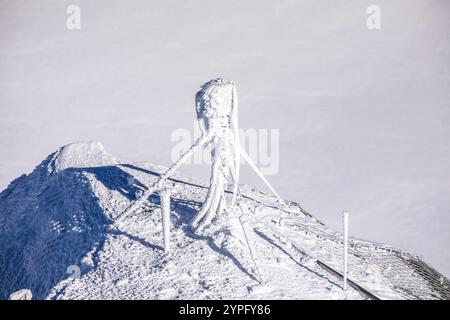 Antenna della stazione meteorologica vincolata dal ghiaccio sul picco Jungfraujoch nelle Alpi svizzere vista invernale, condizioni meteorologiche estreme in Svizzera Foto Stock