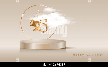 Felice anno nuovo 2025, con numeri 3D dorati e piattaforma in studio, la scena è minima, la cornice dorata e il soffice cloud. Moda Vector Holiday Illustrazione Vettoriale