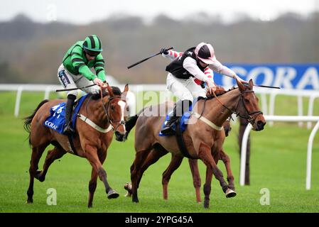 Navajo Indy (a sinistra) guidato dal fantino Gavin Sheehan sulla strada per vincere il Coral Racing Club Intermediate handicap hurdle durante il Coral Gold Cup Day all'ippodromo di Newbury. Data foto: Sabato 30 novembre 2024. Foto Stock