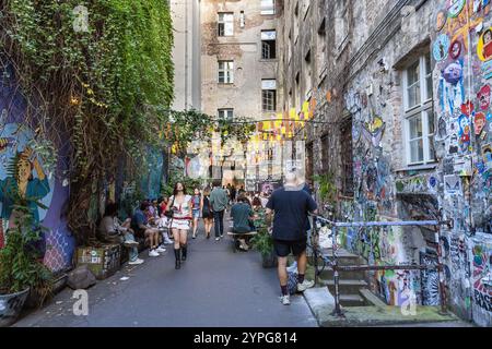 La gente cammina intorno al cortile di Hackesche Höfe, complesso residenziale e di architettura al dettaglio, Berlino, Germania Foto Stock