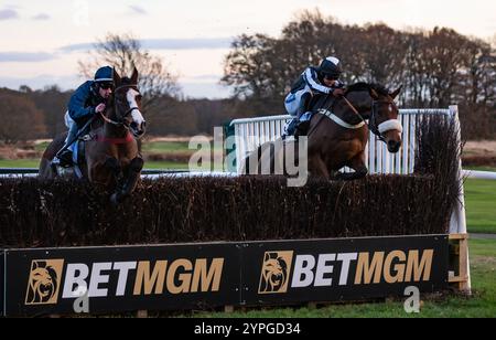 Newcastle, Regno Unito, sabato 30 novembre 2024; Frero Banbou e il fantino Ned Fox vincono la BetMGM Rehearsal handicap Chase per la addestratrice Venetia Williams e il proprietario Mr P. Davies. Crediti JTW equine Images / Alamy. Foto Stock