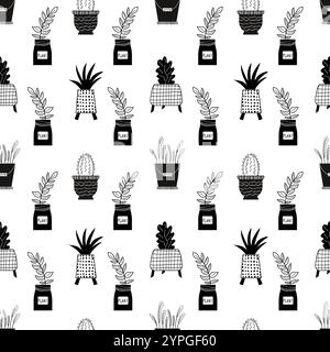 Motivo senza cuciture di piante da interni in bianco e nero, stile doodle Illustrazione Vettoriale