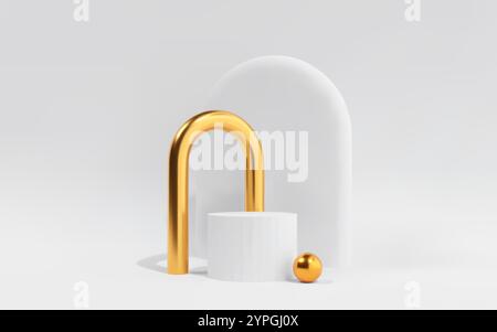 Studio 3D astratto con podio a piedistallo. Scena bianca e plateau con arco dorato ed elementi decorativi. Illustrazione Vettoriale