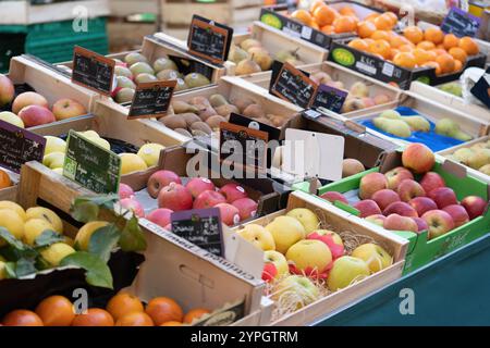 Varieta' varieta' colorata di frutta fresca esposta in una bancarella del mercato locale Foto Stock