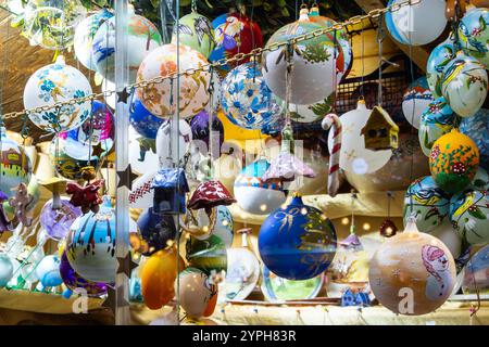Christmas baubles and decorations at the Christmas market in Sibiu, Romania Stock Photo