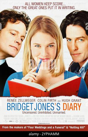 Diario di Bridget Jones (2001) diretto da Sharon Maguire e interpretato da Renée Zellweger, Colin Firth e Hugh Grant. Un anno nella vita di una donna britannica di trent'anni che decide di prendere il controllo della sua vita attraverso un diario, giocolando due uomini molto diversi. Fotografia di un poster originale del 2001 USA a un foglio SOLO PER USO EDITORIALE. Crediti: BFA / Miramax Films Foto Stock