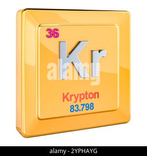 Krypton KR, segno di elemento chimico con numero 36 in tavola periodica. Rendering 3D isolato su sfondo bianco Foto Stock